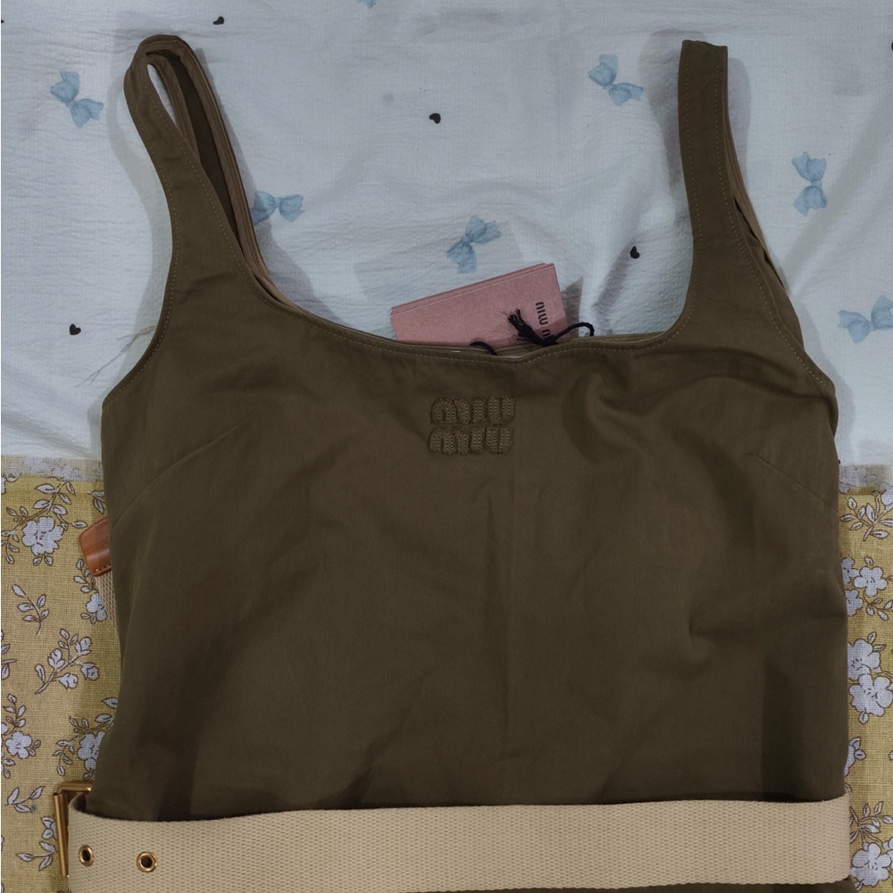 Miu Miu Brown Square-Neck Mini Dress with Cream Belt - Picture 3 of 8